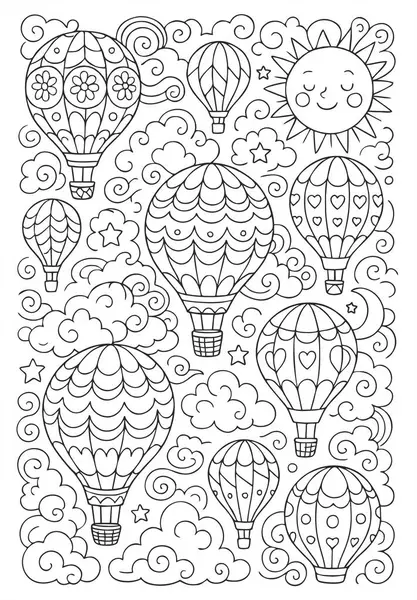 Dekoratif sıcak hava balonları, bulutlar, yıldızlar ve gülümseyen bir güneşle süslü renkli bir sayfa. Çocuklar için gökyüzü temalı eğlenceli illüstrasyon.