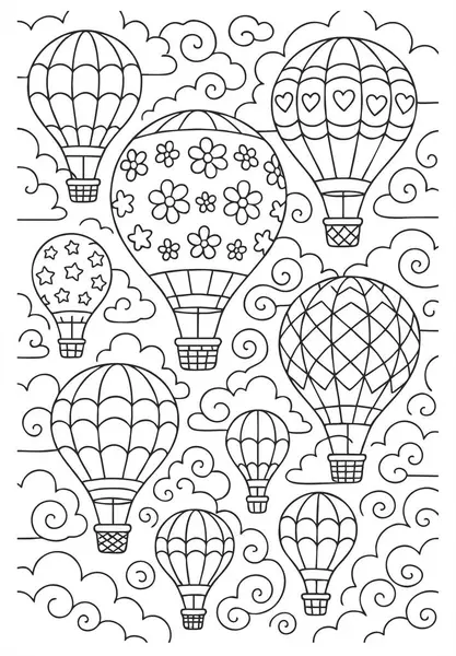Dekoratif sıcak hava balonları, bulutlar, yıldızlar ve gülümseyen bir güneşle süslü renkli bir sayfa. Çocuklar için gökyüzü temalı eğlenceli illüstrasyon.