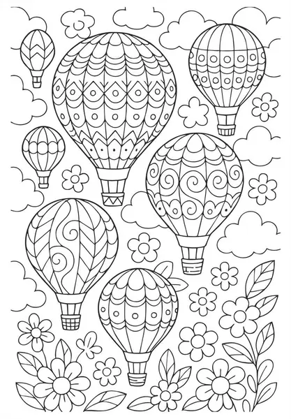 Dekoratif sıcak hava balonları, bulutlar, yıldızlar ve gülümseyen bir güneşle süslü renkli bir sayfa. Çocuklar için gökyüzü temalı eğlenceli illüstrasyon.