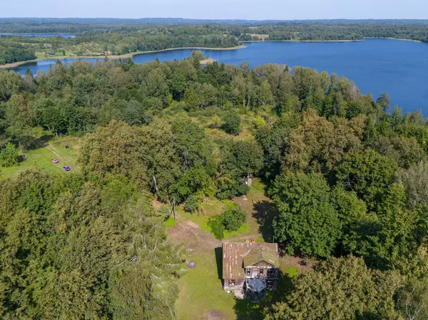Yoğun yeşil bir ormanda, arka planda göller olan ahşap bir evin havadan görünüşü. Ağaçlar, çayırlar ve uzak su kütleleriyle huzurlu kırsal alan.