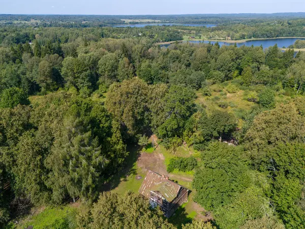 Yoğun yeşil bir ormanda, arka planda göller olan ahşap bir evin havadan görünüşü. Ağaçlar, çayırlar ve uzak su kütleleriyle huzurlu kırsal alan.