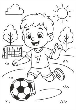 Güneşli bir günde futbol oynayan sevimli çizgi film çocuğu, 7 numaralı formayı giyiyor. Futbol, gol, ağaçlar, bulutlar ve güneş ile resim çizimi.