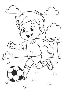 Güneşli bir günde futbol oynayan sevimli çizgi film çocuğu, 7 numaralı formayı giyiyor. Futbol, gol, ağaçlar, bulutlar ve güneş ile resim çizimi.