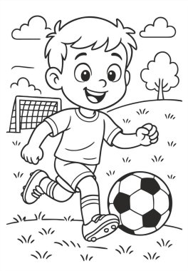 Güneşli bir günde futbol oynayan sevimli çizgi film çocuğu, 7 numaralı formayı giyiyor. Futbol, gol, ağaçlar, bulutlar ve güneş ile resim çizimi.