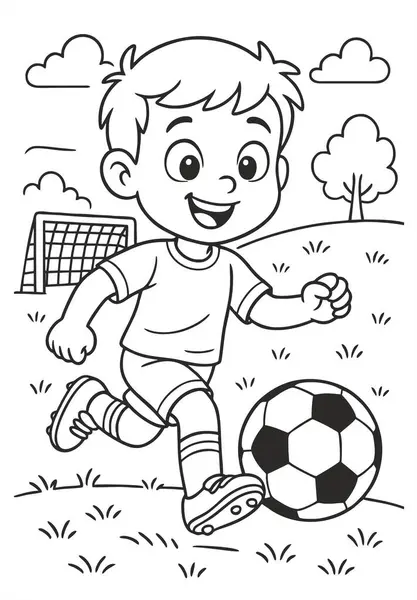 Güneşli bir günde futbol oynayan sevimli çizgi film çocuğu, 7 numaralı formayı giyiyor. Futbol, gol, ağaçlar, bulutlar ve güneş ile resim çizimi.