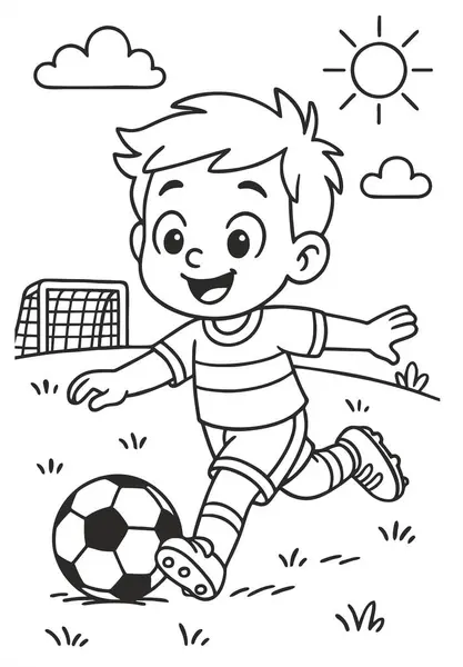 Güneşli bir günde futbol oynayan sevimli çizgi film çocuğu, 7 numaralı formayı giyiyor. Futbol, gol, ağaçlar, bulutlar ve güneş ile resim çizimi.