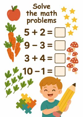 Çocuklar için basit toplama ve çıkarma problemleri olan sevimli matematik çalışma tablosu, renkli meyve, sebze, yıldız çizimleri ve kurşun kalemle gülümseyen bir çocuk..