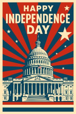 Yıldızlı ve çizgili Amerikan Kongre Binası 'nın geçmişe dönük çizimi ve Mutlu Bağımsızlık Günleri mesajı. Klasik estetiğe sahip vatansever Amerikan tatil tasarımı.