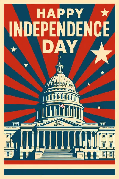 Yıldızlı ve çizgili Amerikan Kongre Binası 'nın geçmişe dönük çizimi ve Mutlu Bağımsızlık Günleri mesajı. Klasik estetiğe sahip vatansever Amerikan tatil tasarımı.