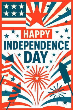 Bağımsızlık Günü 'nde havai fişekler, yıldızlar, roketler ve vatansever renklerle yapılan şenlikli bir illüstrasyon. Kırmızı, beyaz ve mavi renkli bir kutlama posteri ve kalın Mutlu Bağımsızlık Günü metni..