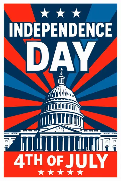 Bağımsızlık Günü 'nde havai fişekler, yıldızlar, roketler ve vatansever renklerle yapılan şenlikli bir illüstrasyon. Kırmızı, beyaz ve mavi renkli bir kutlama posteri ve kalın Mutlu Bağımsızlık Günü metni..