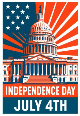 ABD 'nin Bağımsızlık Günü için havai fişekler, yıldızlar, roketler ve vatansever renklerle yapılan festival illüstrasyonları. Kırmızı, beyaz ve mavi renkli bir kutlama posteri ve kalın Mutlu Bağımsızlık Günü metni..