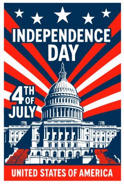 Yıldızlı ve çizgili Amerikan Kongre Binası 'nın geçmişe dönük çizimi ve Mutlu Bağımsızlık Günleri mesajı. Klasik estetiğe sahip vatansever Amerikan tatil tasarımı.