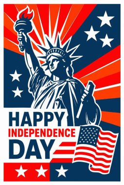 Özgürlük Anıtı 'nın, yıldızların, güneş ışınlarının ve Amerikan bayrağının dalgalandığı Cesur Bağımsızlık Günü posteri. Vatansever kırmızı, beyaz ve mavi renkler ulusal gurur ve özgürlüğü kutluyor.