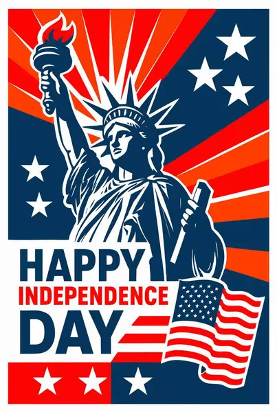 Özgürlük Anıtı 'nın, yıldızların, güneş ışınlarının ve Amerikan bayrağının dalgalandığı Cesur Bağımsızlık Günü posteri. Vatansever kırmızı, beyaz ve mavi renkler ulusal gurur ve özgürlüğü kutluyor.