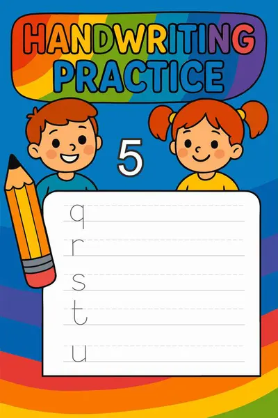 Çocuklar için renkli bir el yazısı alıştırması. İçinde iki neşeli çocuk, kalemli bir oğlan ve örgülü saçlı bir kız var. Sayfada kırmızı elma ve gülümseyen bir yıldızla süslenmiş, üzerinde harfler olan bir uygulama bölümü yer alıyor..