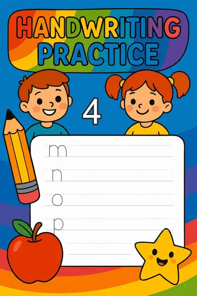 Çocuklar için renkli bir el yazısı alıştırması. İçinde iki neşeli çocuk, kalemli bir oğlan ve örgülü saçlı bir kız var. Sayfada kırmızı elma ve gülümseyen bir yıldızla süslenmiş, üzerinde harfler olan bir uygulama bölümü yer alıyor..
