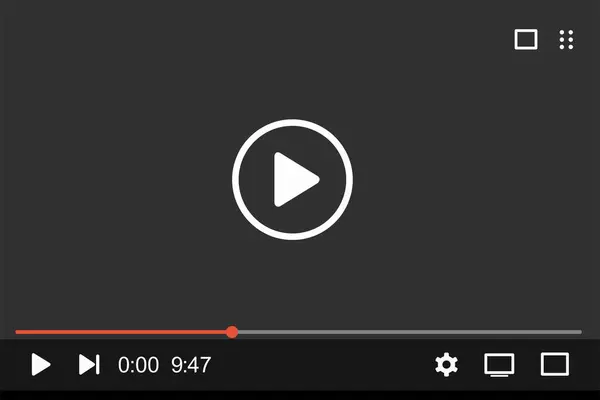 Büyük bir çalma tuşu, ilerleme çubuğu, geri sarma, hacim, ayarlar ve tam ekran simgeleri içeren koyu arkaplanlı bir video oynatıcı arayüzü. Temiz tasarım, UI / UX projeleri, medya uygulamaları veya teknolojik şablonlar için ideal.