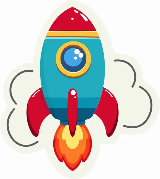 Kırmızı burunlu, mavi vücutlu, sarı aksanlı, turuncu alevlerle fırlatılan ve bulutlarla çevrili renkli bir roket. Çocuk kitapları, uzay temalı tasarımlar veya eğitim materyalleri için ideal.