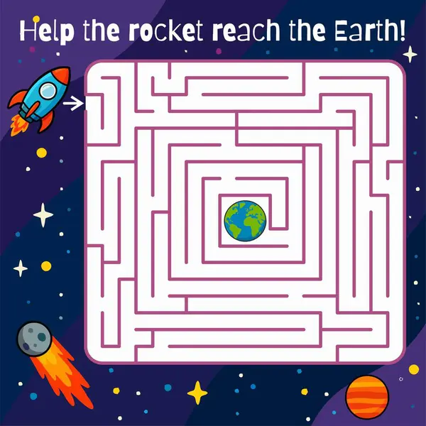 Çocuklar için renkli uzay labirenti oyunu. Roketin labirentten geçip Dünya 'ya ulaşmasına yardım et. Çocuklar için eğitici ve eğlenceli yazdırılabilir etkinlik.