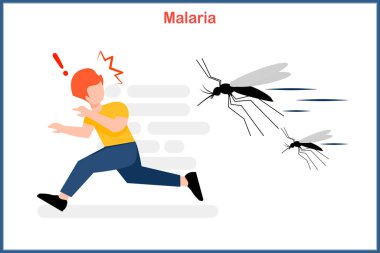 Sıtmanın düz tarzında tıbbi vektör çizim kavramı, genç adam sıtmayı insanlara bulaştıran bir taşıyıcı olan Anopheles sivrisineğinden kaçıyor..