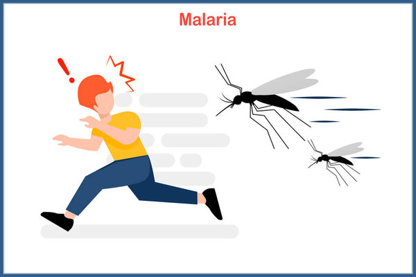 Концепция медицинской векторной иллюстрации в плоском стиле малярии, молодой человек убегает от комара Anopheles, который является вектором, который передает малярию людям.