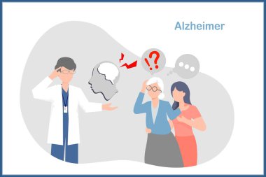 Alzheimer konseptinde vektör illüstrasyonu. Kız, yaşlı kadının Alzheimer hastalığı belirtileri konusunda doktora danışmasına yardımcı oldu..