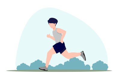 Spor kıyafetli genç adam dışarıda koşarak egzersiz yapıyor. Düz Çizim.