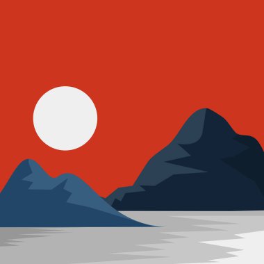 Koyu mavi dağlar, kırmızı bir gökyüzü ve durgun suyun üzerinde yansıyan beyaz bir güneş içeren minimum düz tasarım manzarası.