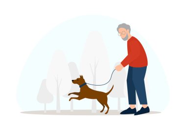 Yaşlı bir adam parkta yürürken köpeğine tasma takar. Yaşlılar için sağlık hizmetleri kavramının düz çizimi.