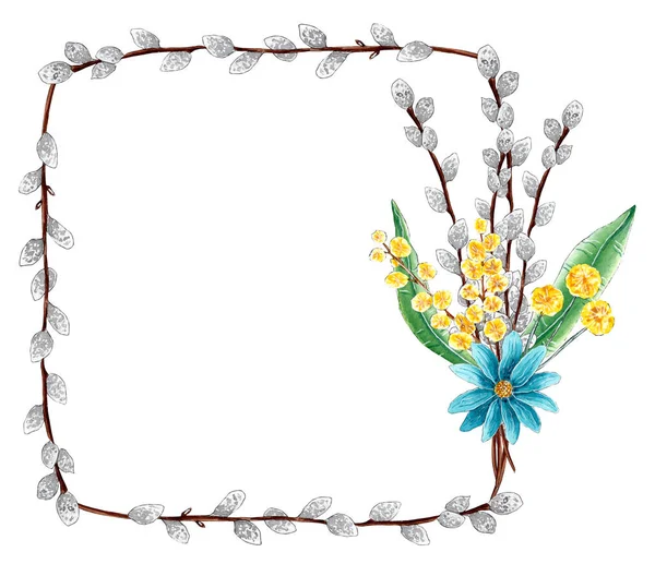 Watercolor Spring Floral Frame Arrangement Pussy Willows — Stockfoto