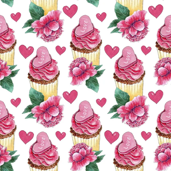 Fond Sans Couture Saint Valentin Avec Des Cupcakes Aquarelle Pivoines — Photo