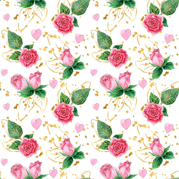 Diseño Patrón Sin Costura Floral Acuarela Con Rosas Gotas Oro —  Fotos de Stock