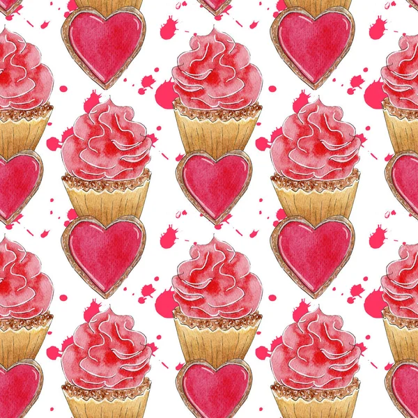 Υδατογραφία Cupcake Και Καρδιά Cookie Αδιάλειπτη Μοτίβο Σχεδιασμός Υπόβαθρο Αγάπη — Φωτογραφία Αρχείου