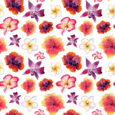 Plumeria, orkide ve ambar çiçekleri gibi suluboya çiçekleri olan tropik dikişsiz desenler..