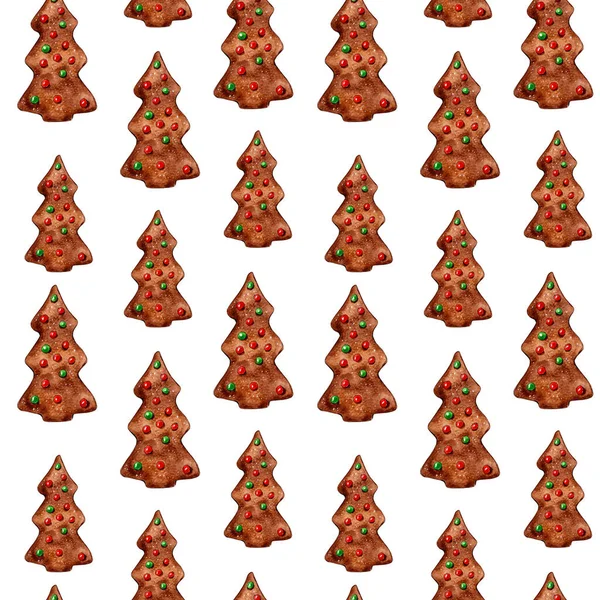 水彩かわいいジンジャーブレッドクリスマスツリーパターンデザイン シームレスなデジタル紙 — ストック写真