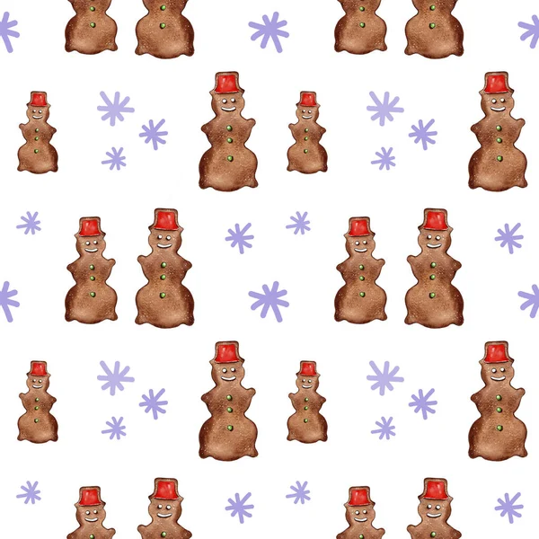 Watercolor Cute Gingerbread Snowman Christmas Pattern Design Seamless Digital Paper — Stock Photo, Image
