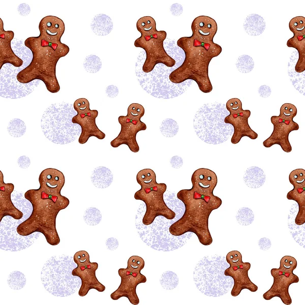 Watercolor Cute Gingerbread Man Christmas Pattern Design Seamless Digital Paper — Stock Photo, Image