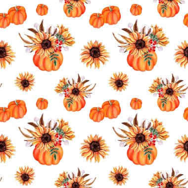 Kusursuz suluboya desenli tasarım: kabaklar ve ayçiçekleri, şükran günü arka planı.