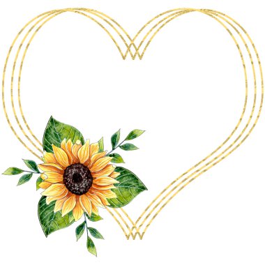 Suluboya ayçiçeği altın çerçeve tasarımı tebrik kartları, gelin partisi ve düğün davetiyeleri için uygundur..