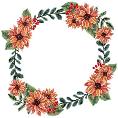 Suluboya Ayçiçeği Sonbahar Çelengi Şükran Günü tasarımları, düğün davetiyeleri, selamlama ve doğum günü kartları için uygun bir çiçek düzenlemesi.