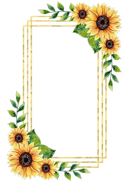 Watercolor sunflower golden frame design suitable for greeting cards, bridal shower and wedding invitations etc.
