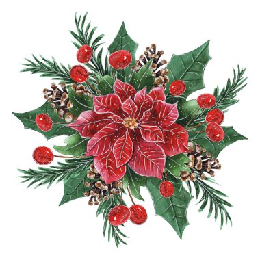 Red Poinsettia ile suluboya Noel Buketi Düzenleme. Şirin Kış Tasarımı Kompozisyonu.