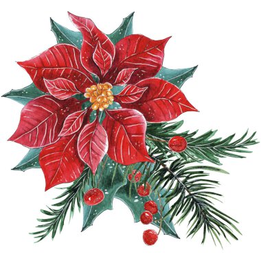 Red Poinsettia ile suluboya Noel Buketi Düzenleme. Şirin Kış Tasarımı Kompozisyonu.