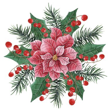 Red Poinsettia ile suluboya Noel Buketi Düzenleme. Şirin Kış Tasarımı Kompozisyonu.