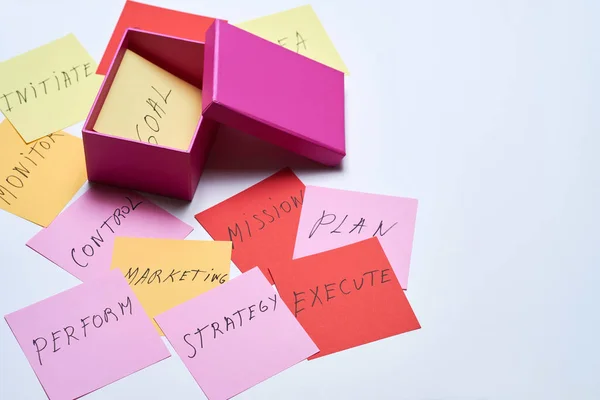 Post-it notes with strategic ideas.Business communication,brainstorming,meeting,plan concept.
