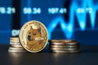 Mavi tonda grafik arkaplanı olan altın Dogecoin kripto para birimine yakın plan