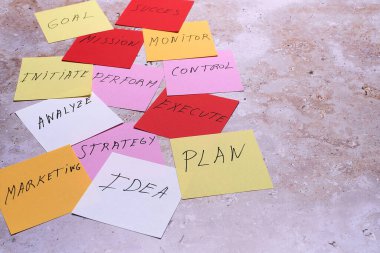 Fikirlerimizi paylaşmak için yapışkan notlar. Beyin fırtınası konsepti. Masaya yapışkan bir not. Yönetim kurulu toplantı odasında. Proje sunumu, iş geliştirme tartışması.