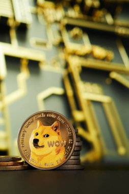 Altın Dogecoin kripto para birimini bulanık bilgisayar baskılı devre kartı arka planıyla dikey olarak kapat