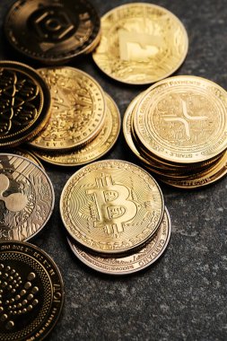 Bir bitcoin ve görünümü yukarıdan vurgulayan şifreleme para birimlerinin çeşitliliği